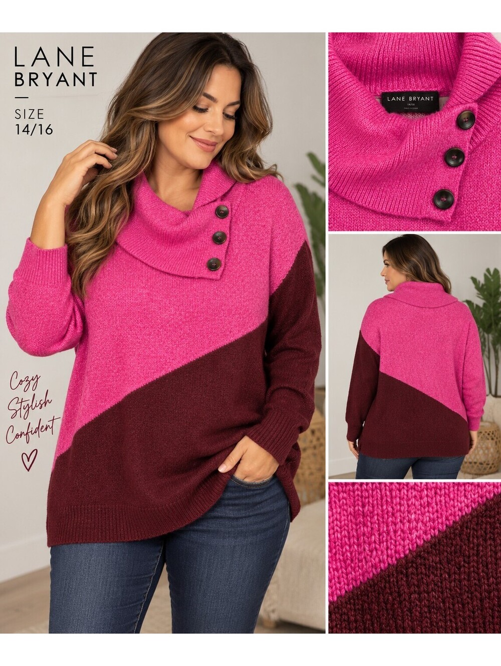 Lane Bryant Pink Colorblock Cowl Neck Sweater 14/16